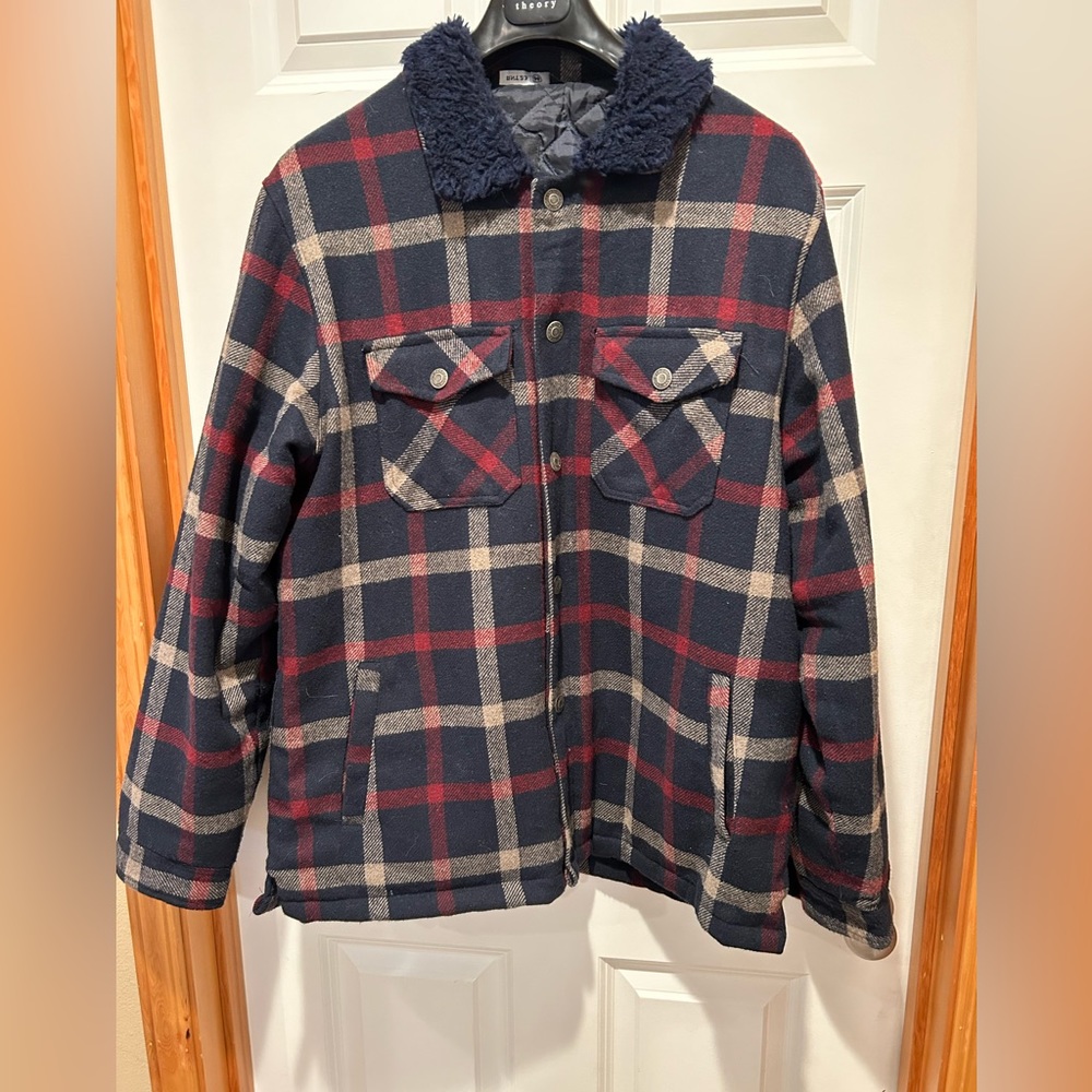 Ron Tomson RNT 23 Men’s Plaid Sherpa Collar Jacket- navy/tan/red- Size XXL